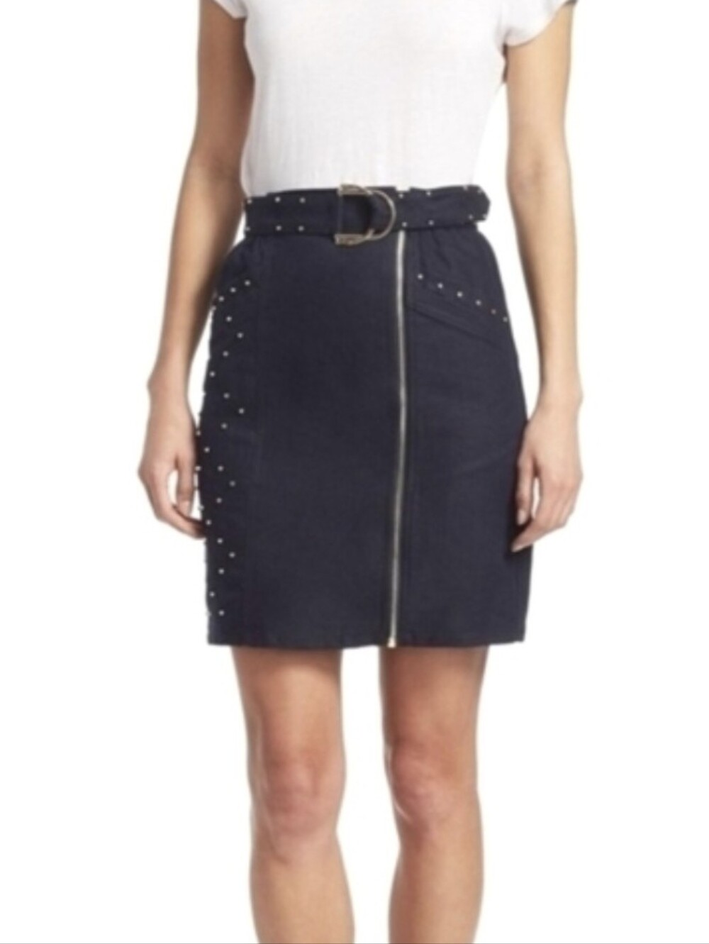 Maje Mini Skirt with Front Zip and Studded Detail
